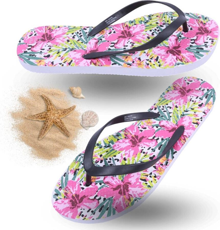 PRODUKT Roze-zwarte teenslippers met bloemen