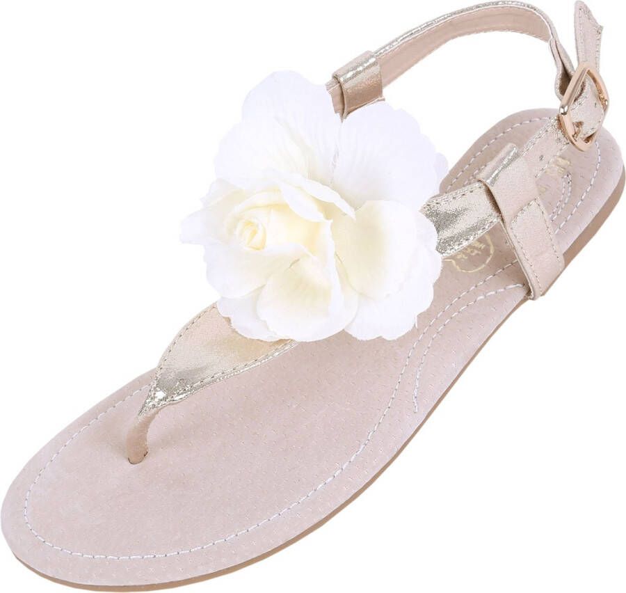 PRODUKT produkt Gouden sandalen met beige bloem