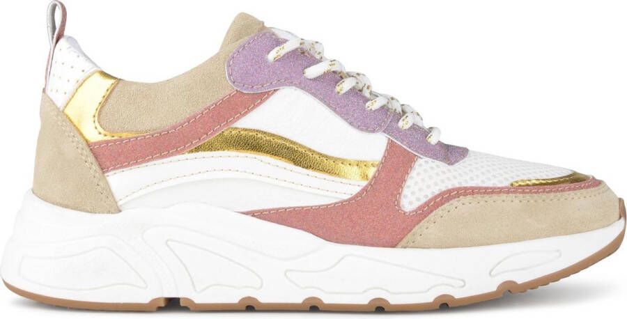 PS Poelman Carocel Dames Suède Leren Mix Runner Sneakers Beige Wit Glitter Lila Rose Multi