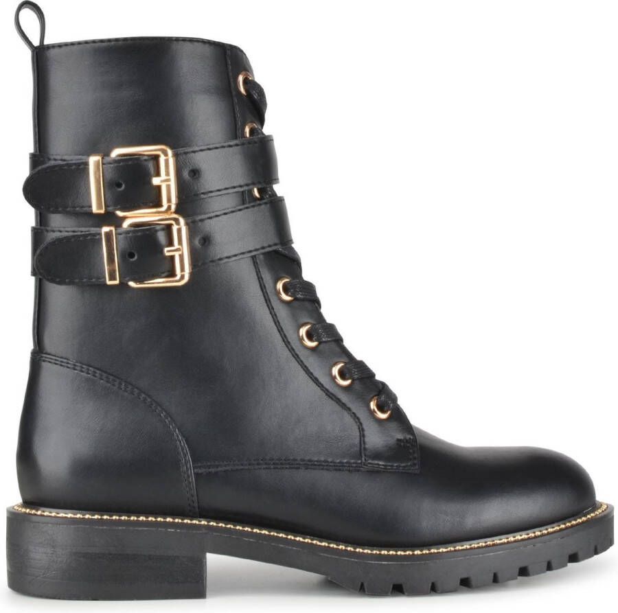 PS Poelman Dames DUNGABALL PU Imitatieleren Biker Veter Laarzen Boots met Gouden Gespen en Rits Zwart