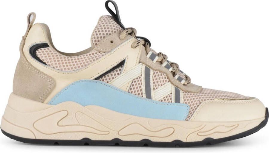 PS Poelman Dames MINION Nude Combo Mesh Suède Leren Runner Sneakers met Goud Metallic Details Beige Blauw Multi