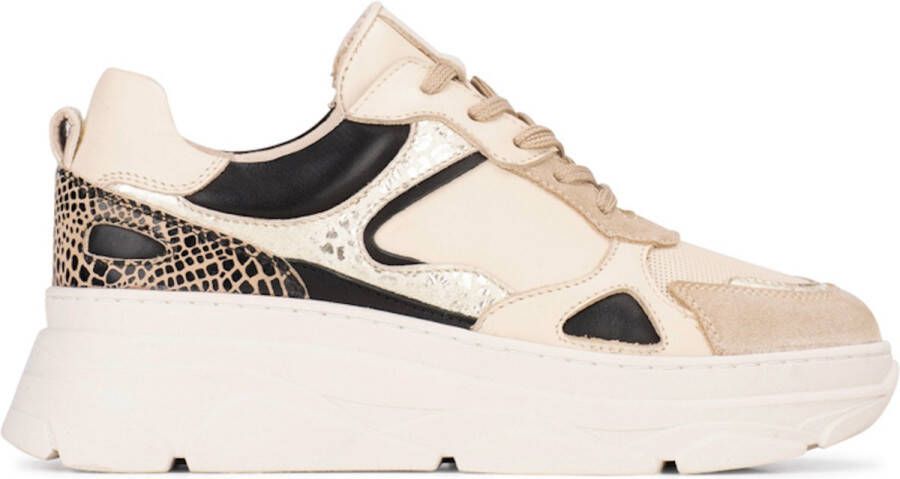 PS Poelman Dames Sneaker Beige Stof Leer Goud