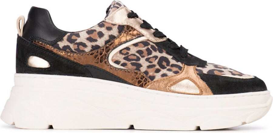 PS Poelman Dames Sneaker Zwart Stof Leer Leopard