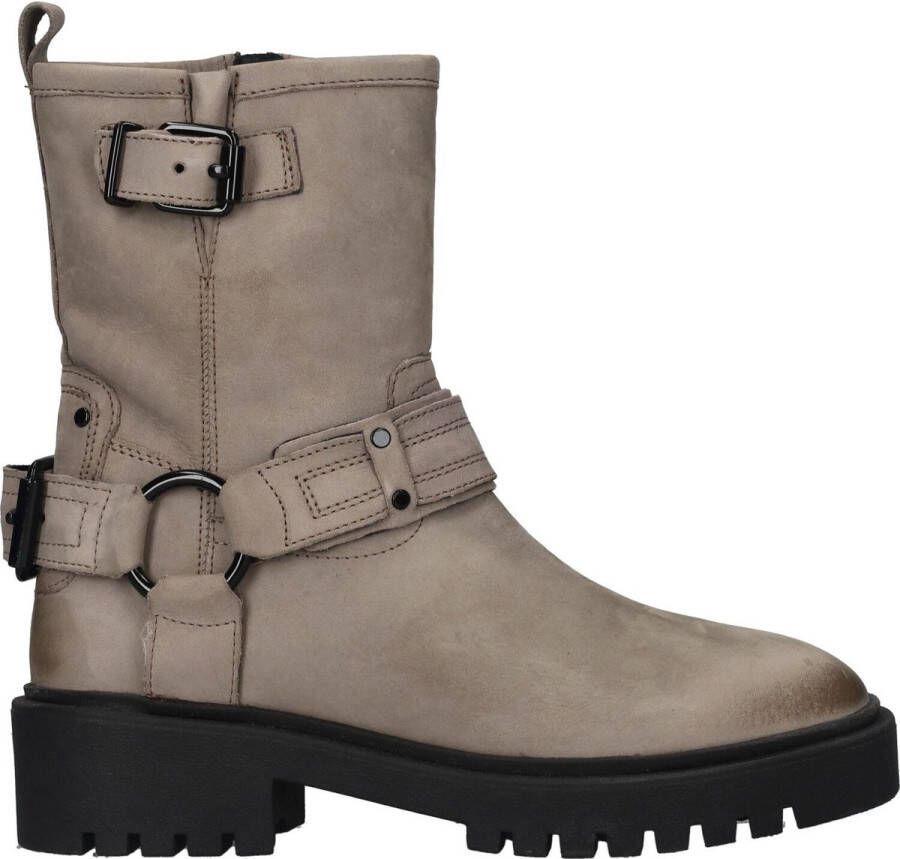 Poelman Taupe Leren Bikerboot met Gespen Gray Dames