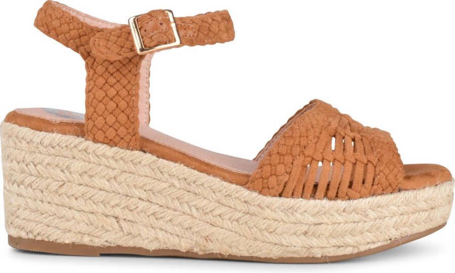 PS Poelman NANA Dames Faux PU Imitatie Suède Leren Sandalen met Espadrille Sleehak Zool en Gevlochten Bovenwerk Cognac Bruin