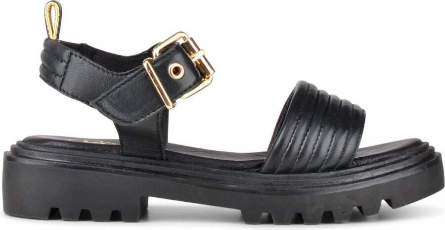 PS Poelman SATURNOS Dames Leren Chunky Plateau Sandalen met Gouden Details Zwart