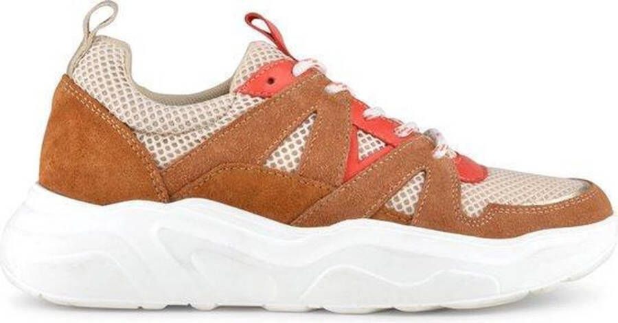 PS Poelman Year Dames Leren Chunky Runner Sneaker van Mesh en Suéde Bruin Beige Rood