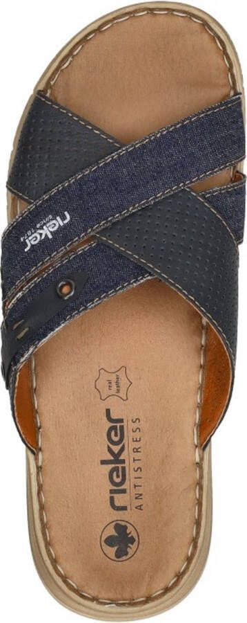 Rieker Blauwe Gekruiste Banden Leren Slipper Blue Heren