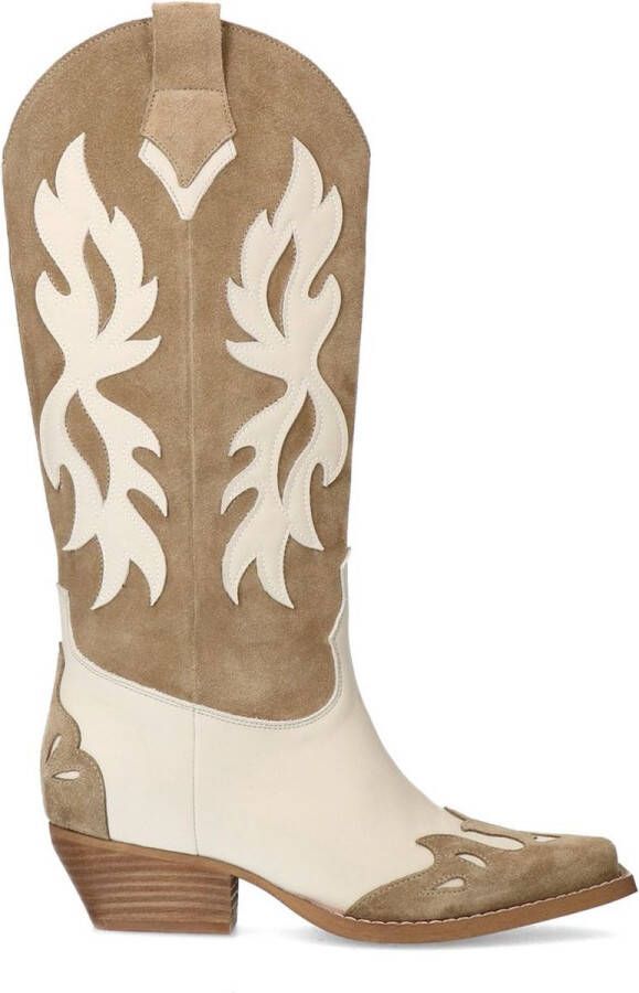 Sacha Dames Beige suède cowboylaarzen met sierstiksels