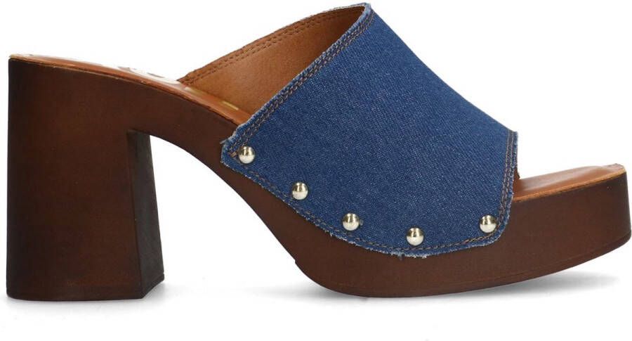 Sacha Dames Blauwe denim muiltjes met houten hak