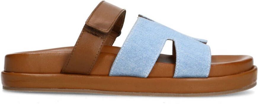 Sacha Dames Cognac leren slippers met denim details