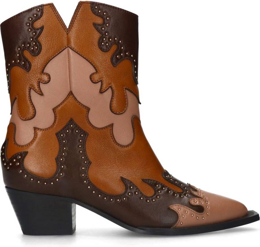 Sacha Dames Cognac leren western enkellaarsjes met sierstiksels