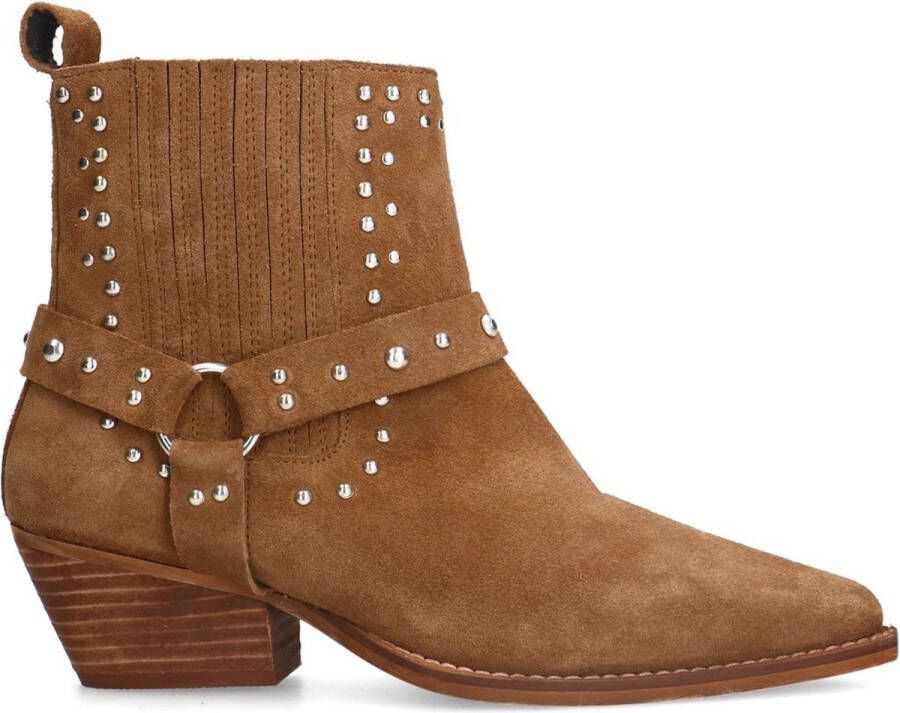 Sacha Dames Cognac suède western enkellaarsjes met studs