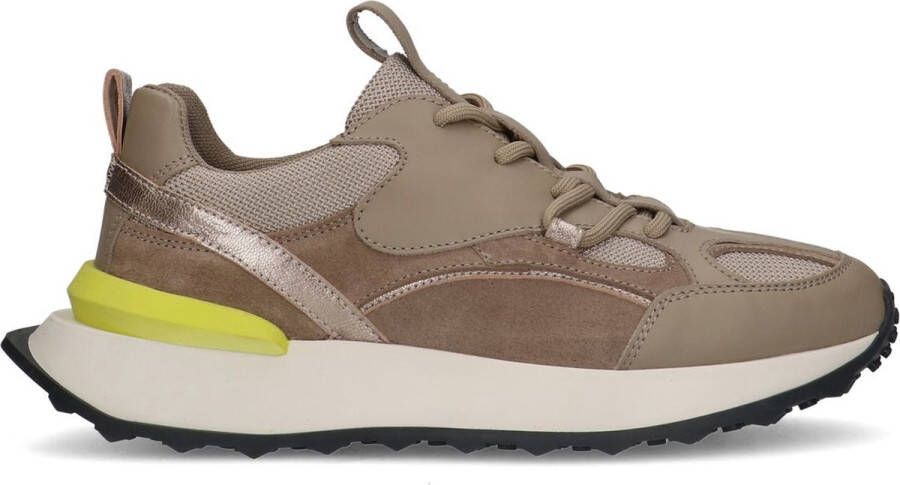 Sacha Dames Taupe leren sneakers met limegroen detail