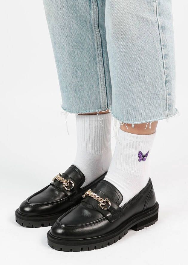 Sacha Dames Zwarte chunky loafers met goudkleurige chain - Foto 4