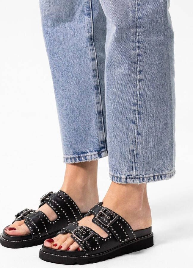 Sacha Dames Zwarte leren chunky slippers met studs