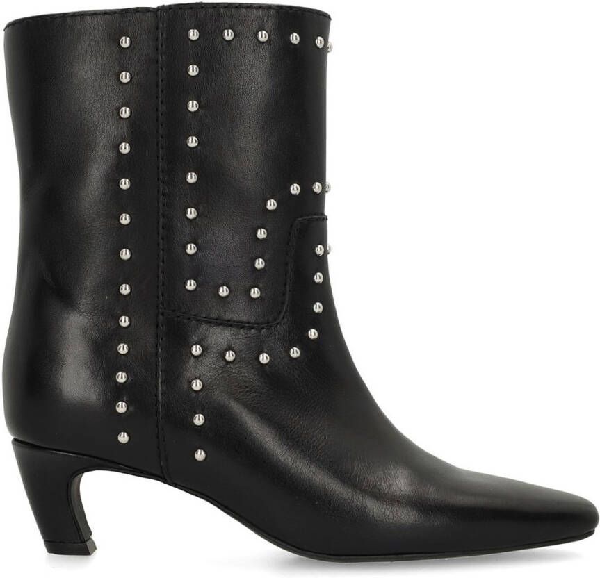 Sacha Dames Zwarte leren enkellaarsjes met zilverkleurige studs