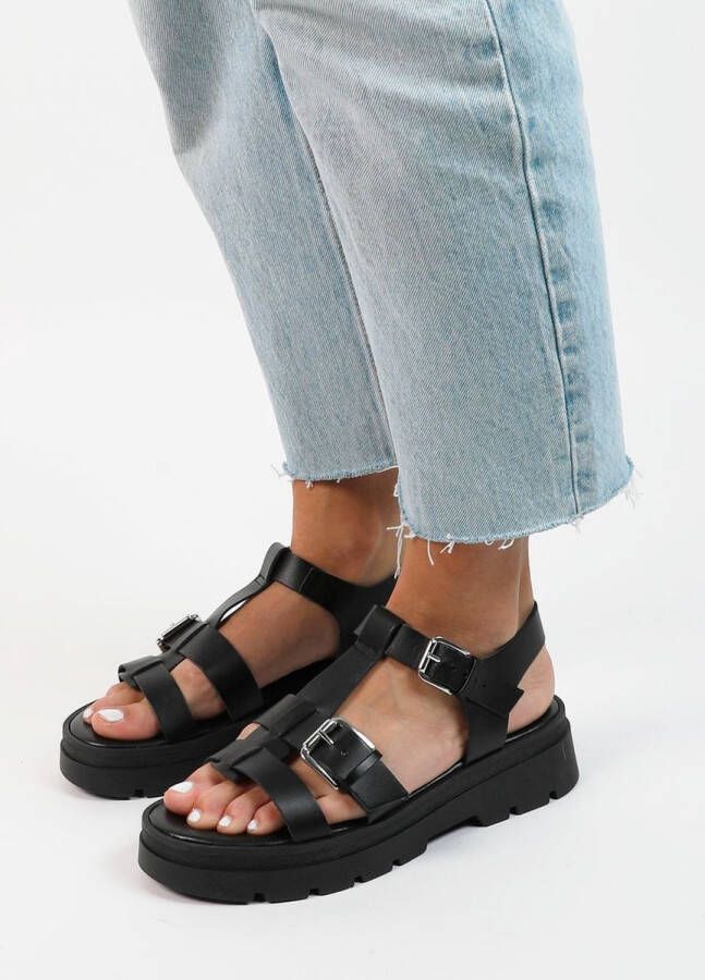 Sacha Dames Zwarte leren plateau sandalen met goudkleurige buckles - Foto 2