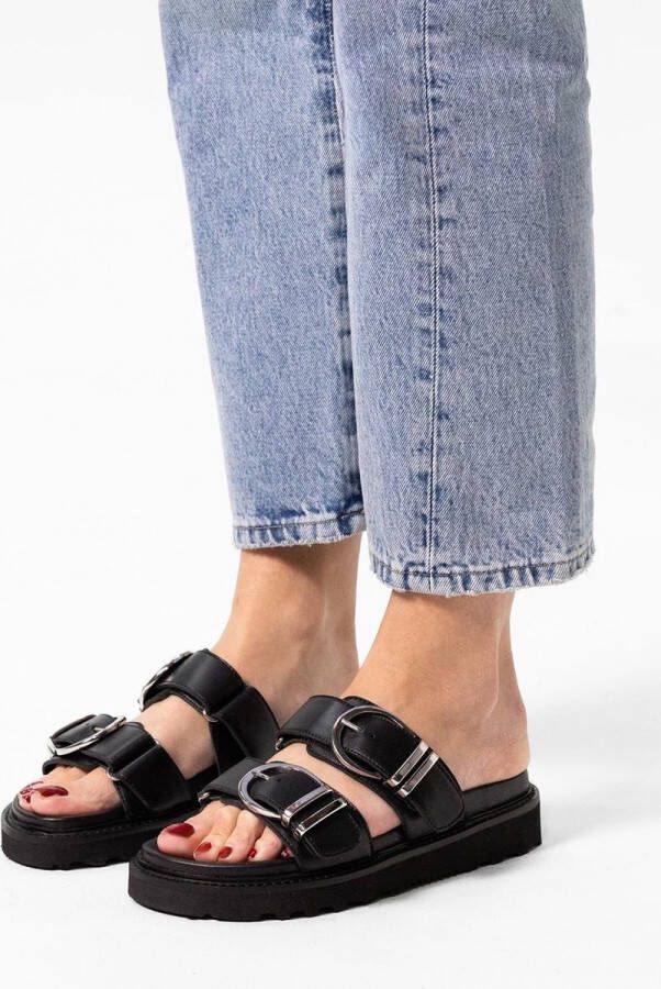 Sacha Dames Zwarte leren plateau slippers met buckles