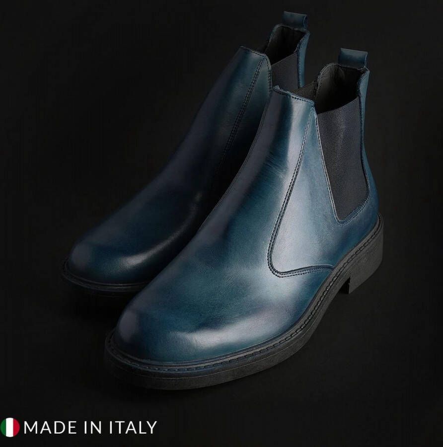 Duca di Morrone Italiaanse Leren Enkellaarzen Elastische Gores Blue Heren