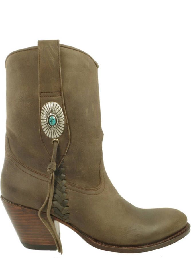 Sendra Boots 10748 Laly Donker Taupe Handgemaakt GoodYear Welted Dames Enkellaars Schuine Hoge Hak Ronde Neus Concho Turquoise Vlechtwerk Echt Leer