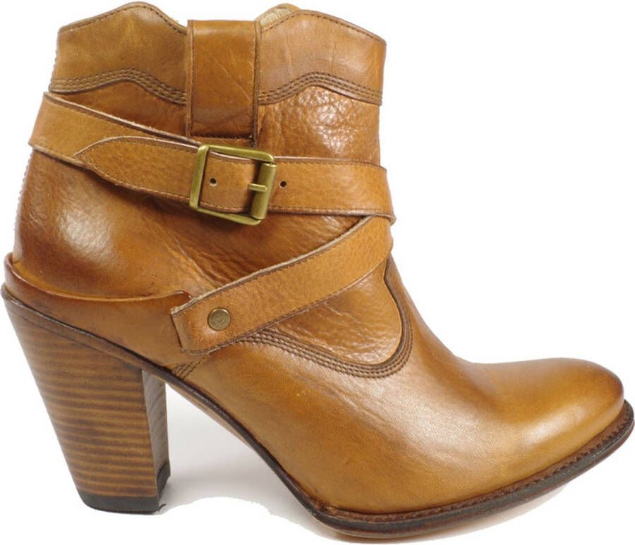 Sendra Boots 11346 Bruin Sarina Dames Enkellaars Ronde Neus Hoge Hak Vast Sierriem Ritssluiting Handgemaakt Echt Leer