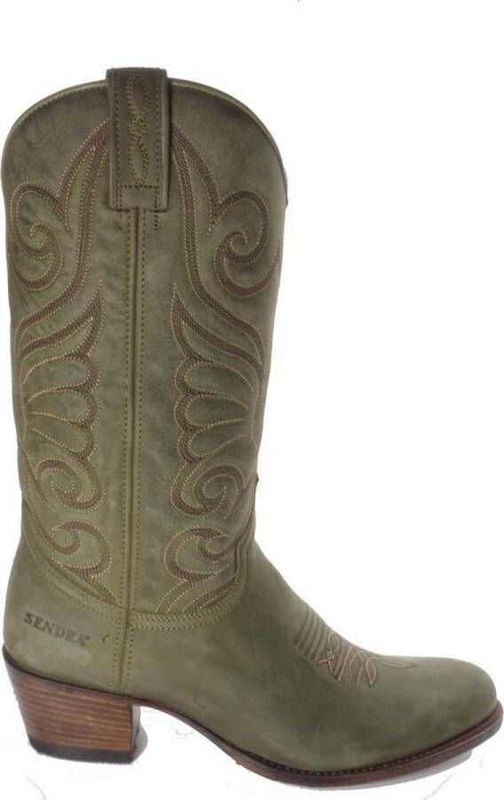 Sendra Boots 11627 Debora Military Green Handgemaakt Dames Ibiza Westernlaars Bewerkte Schacht Ronde Neus Lederen Zool Schuine Hak Nubuck Leer