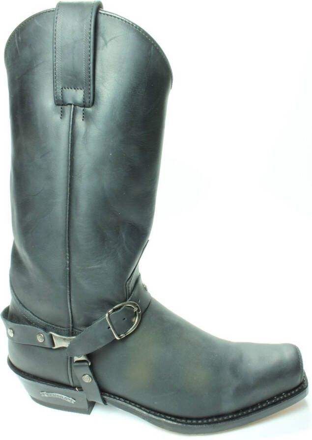 Sendra Boots 3091 Seta Zwart Biker Western Cow Laarzen Handgemaakt Vierkante Neus Leren Zool Schuine hak Treklussen Echt Leer