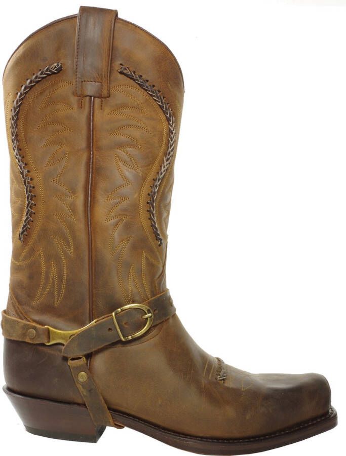 Sendra Boots 3434 Sam Bruin Biker Western Boots Unisex Vierkante Neus Beetje Schuine Hak Sier vlechtwerk Treklussen Echt Leer