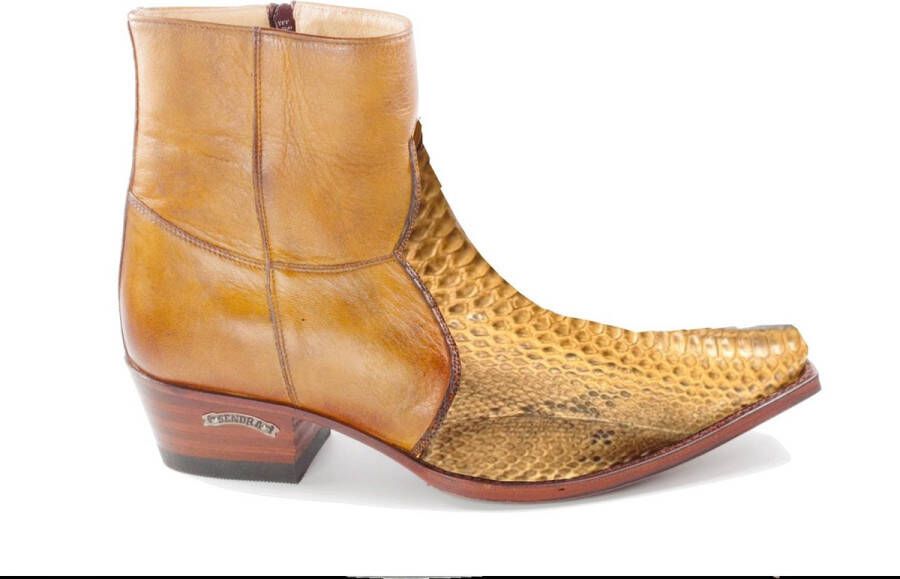 Sendra boots 5701 Cognac Heren Cowboy Enkellaars Spitse Neus Beetje Schuine Hak Rits Sluiting LederenMimo zool