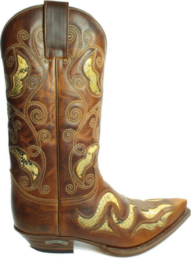 Sendra boots 7490 Cuervo Bruin Heren Cowboy Western Biker Boots Spitse Neus Schuine Hak Sierstiksel Bewerkte Wreef Kuithoge Schacht Handgemaakt Echt Leer