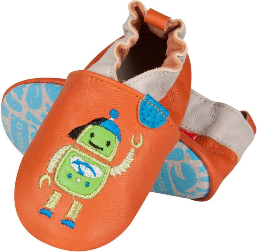 Soxo Baby slofjes Leer Robot Oranje Duurzame babyslofjes Babyschoentjes Leren babyslofjes Robot design slofjes