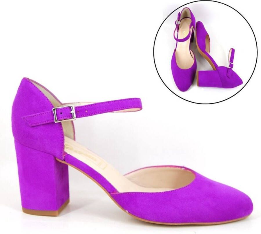 Stravers Grote Maten Schoenen 2609KK Stravers Neon Fuchsia Pumps met Bandje Grote Maten Pumps met Blokhak