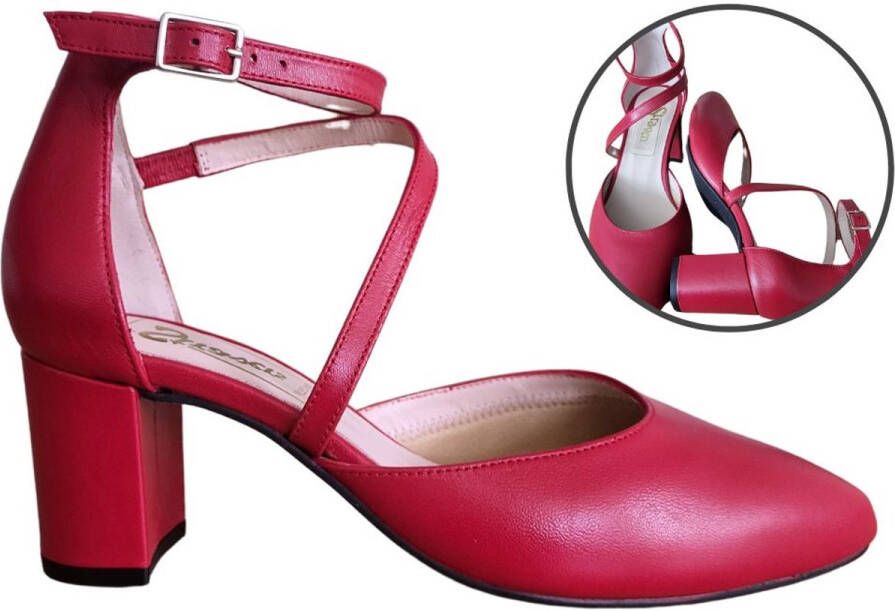 Stravers Grote Maten Schoenen Stravers Pumps Elegant Enkelbandje met Blokhak Rood Grote Maten Dames Pumps