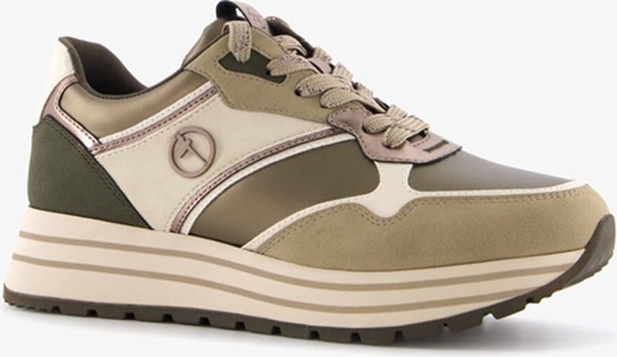 Tamaris leren dames sneakers groen beige Uitneembare zool