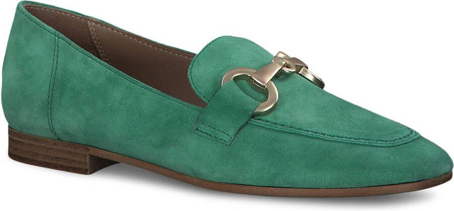 Tamaris Groene suède loafers met verharde hiel en gouden detail Green Dames