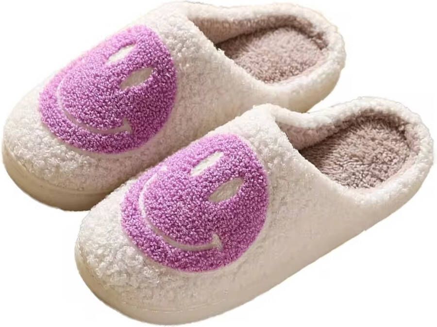 TippyToes Smiley Slippers Comfortabele en Warme Huispantoffels Anti-Slip Unisex Paarse Smiley