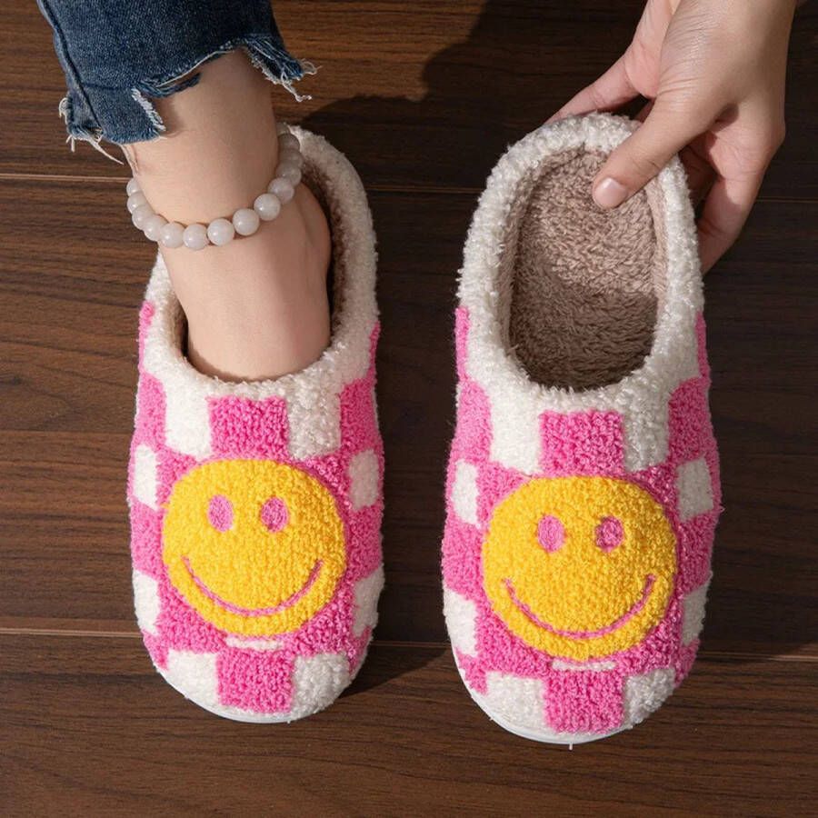 TippyToes Smiley Slippers Comfortabele en Warme Huispantoffels Anti-Slip Unisex Roos Geruit