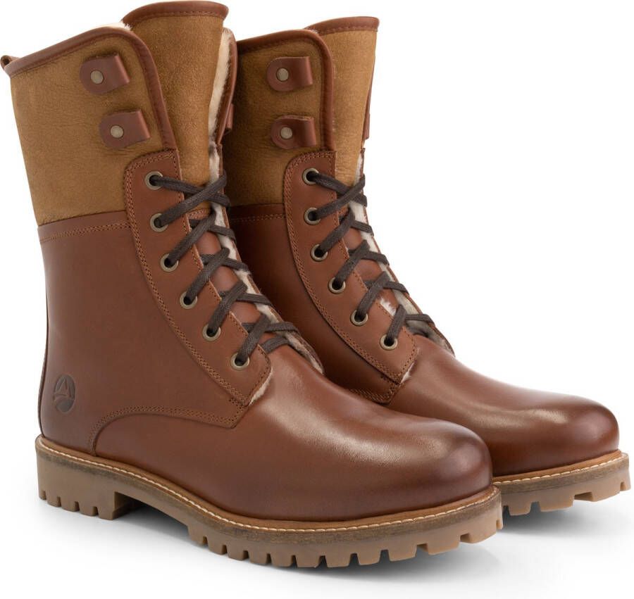 Travelin Holm Heren Enkellaarzen Leren veterboots wol gevoerd Cognac bruin leer