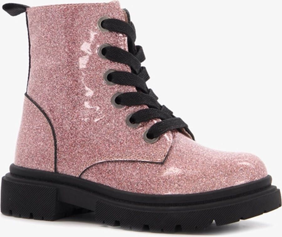 TwoDay leren meisjes veterboots met glitter roze