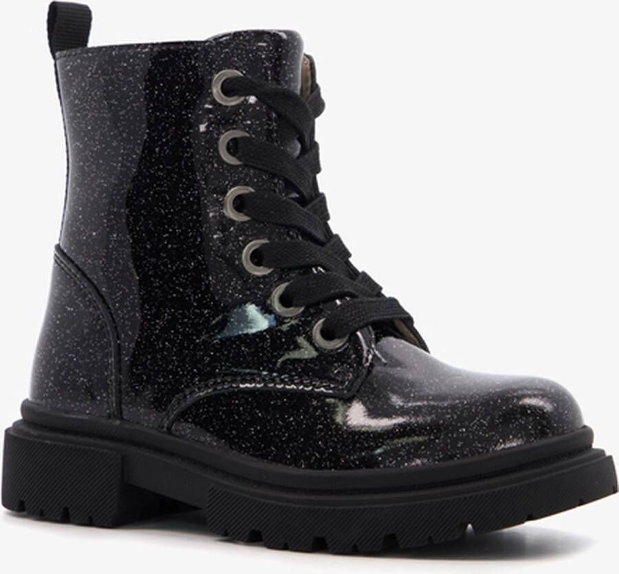 TwoDay leren meisjes veterboots met glitter zwart