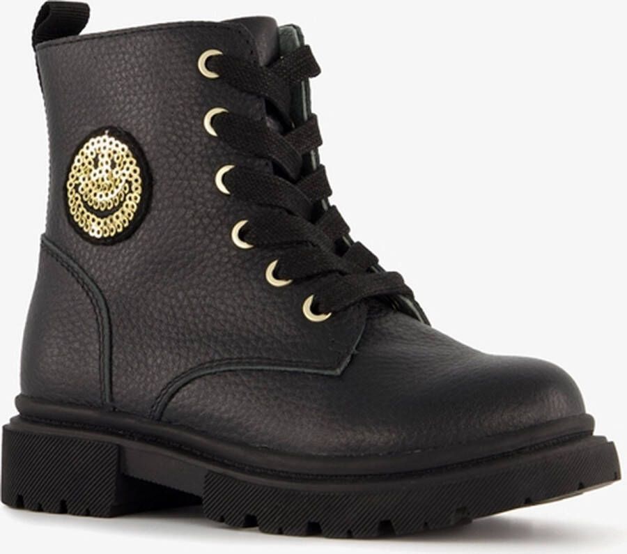 TwoDay leren meisjes veterboots zwart met smiley