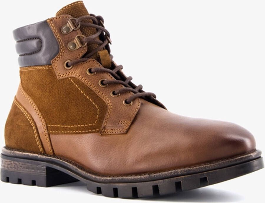 Van Beers leren heren veterboots cognac met suede