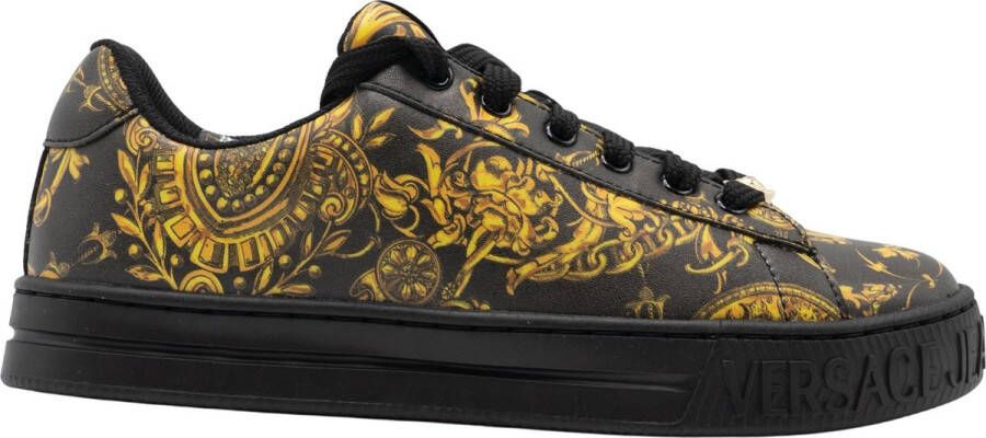 Versace Jeans Couture Gedrukte leren sneakers met gouden detail Black Dames