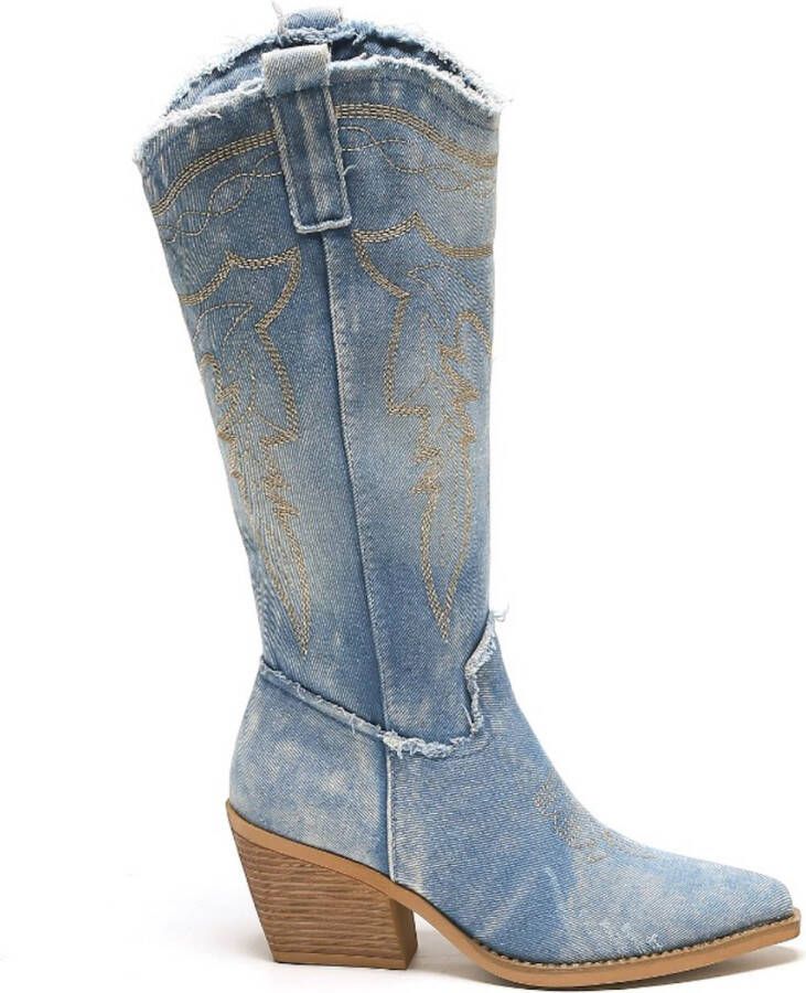 Weloveshoes Smile Favorites Dames Cowboylaarzen met Hak Blauw Stof