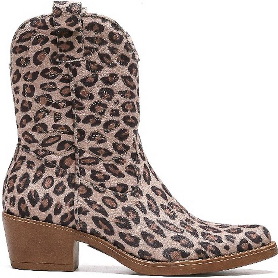 Weloveshoes Smile Favorites Dames Cowboylaarzen met Hak Kort Beige Suedine Leopard