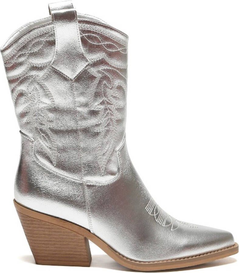 Weloveshoes Smile Favorites Dames Cowboylaarzen met Hak Zilver Imitatieleer