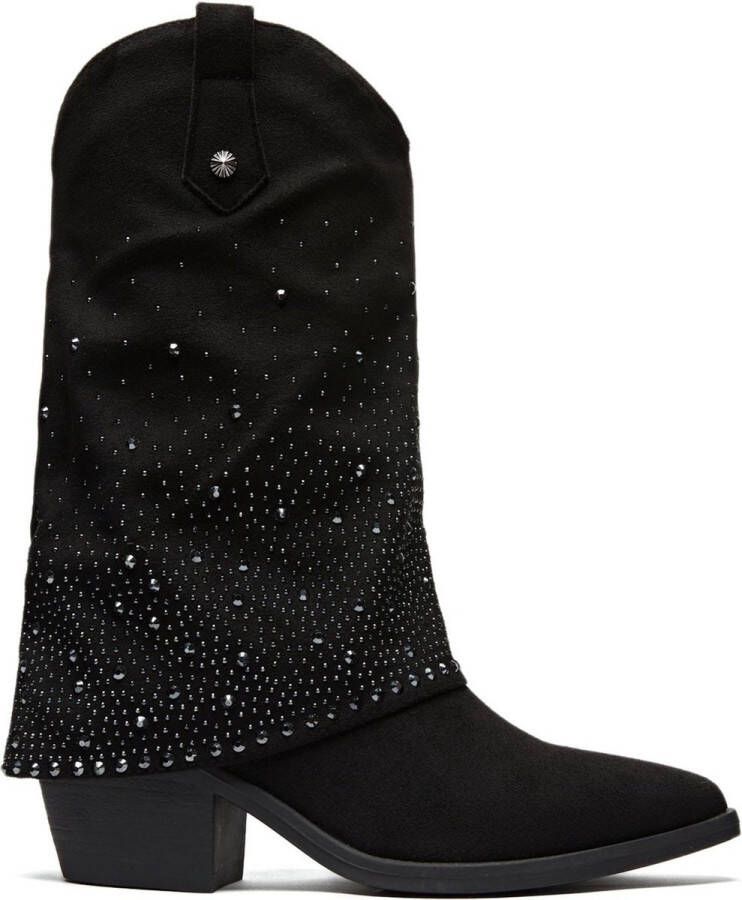 Weloveshoes Smile Favorites Dames Cowboylaarzen met Hak Zwart Suedine Rhinestone