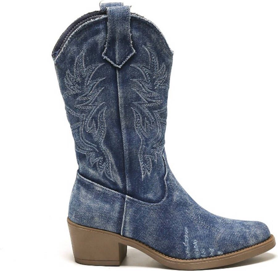 Weloveshoes SmileFavorites Dames Cowboylaarzen met Hak Blauw Stof