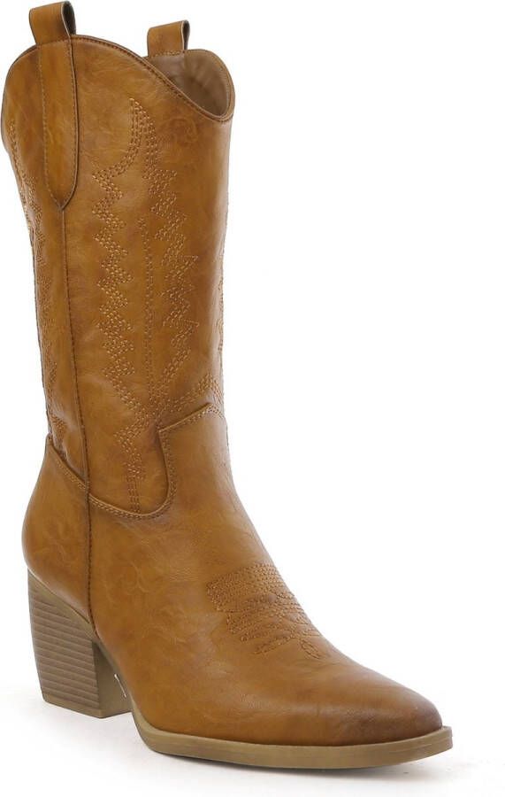 Weloveshoes SmileFavorites Dames Cowboylaarzen met Hak Camel Imitatieleer